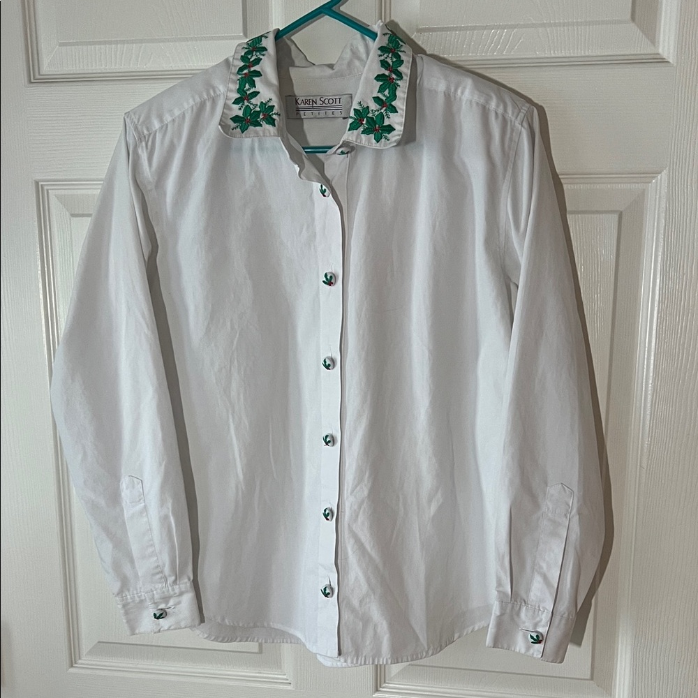 Vintage Karen Scott White Button Down Christmas Green Holly Accents, Sz 14P‎